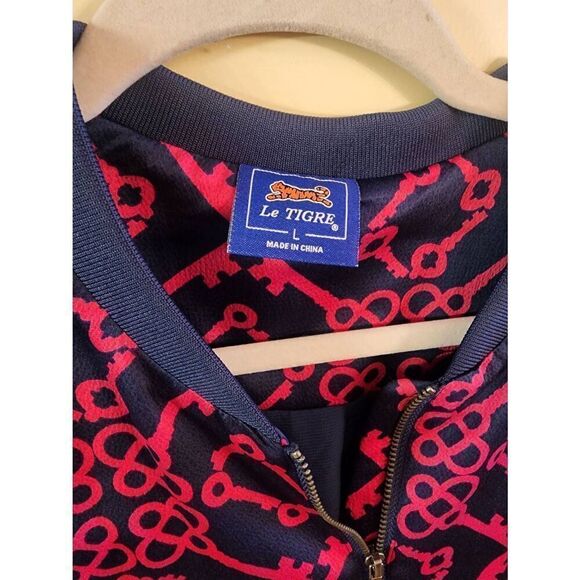 Le Tigre NWT lightweight bomber zip front jacket navy and pink key  print size L - Picture 4 of 7